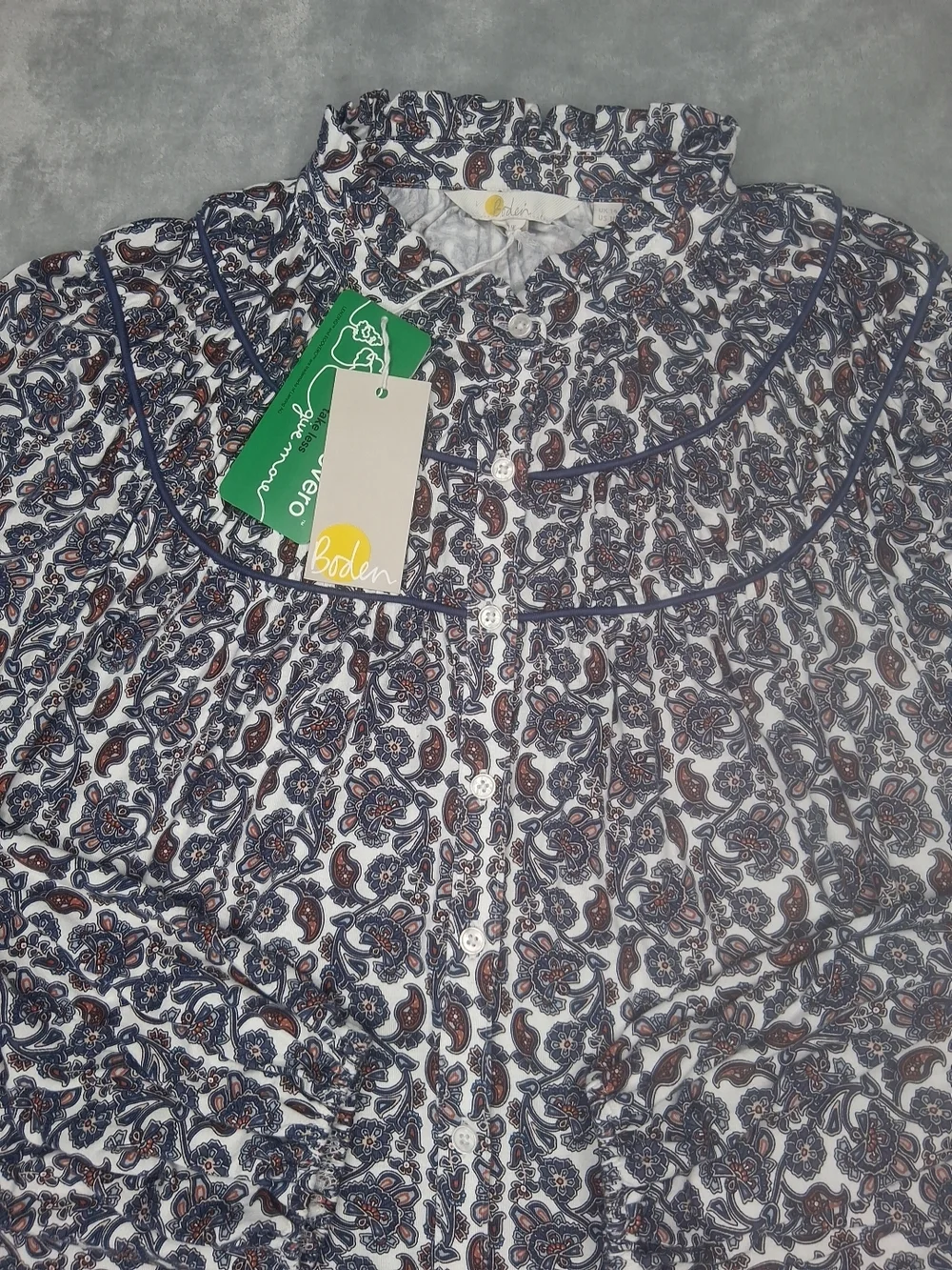 Boden Floral Paisley Multicolor Blouse Button Front Ruffle Neckline Long Slv 10 - Picture 12 of 13